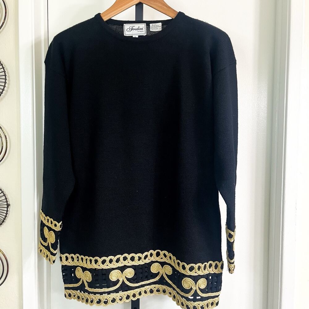 Fredrini Womens Wool Blend Vintage Glam Tunic Sweater Y2K - Black Gold, Size L